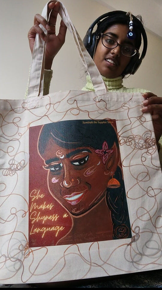 "She Makes Shyness a Language" Tote Bag of Original Art, Hand Printed & Hand Painted: Brown Skinned Autistic Tamil Woman