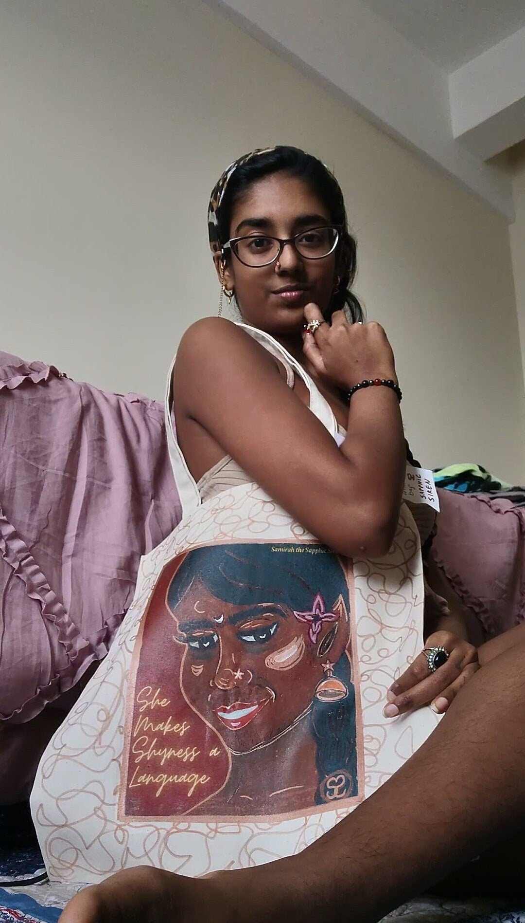 "She Makes Shyness a Language" Tote Bag of Original Art, Hand Printed & Hand Painted: Brown Skinned Autistic Tamil Woman