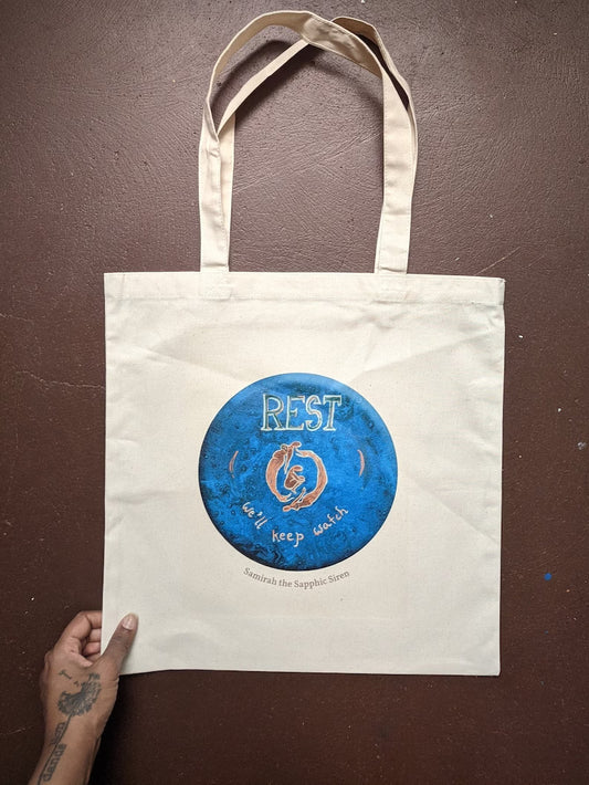 Rest, We'll Keep Watch Tote Bag: Brown Skinned Sirens, Handprinted onto Cotton Canvas