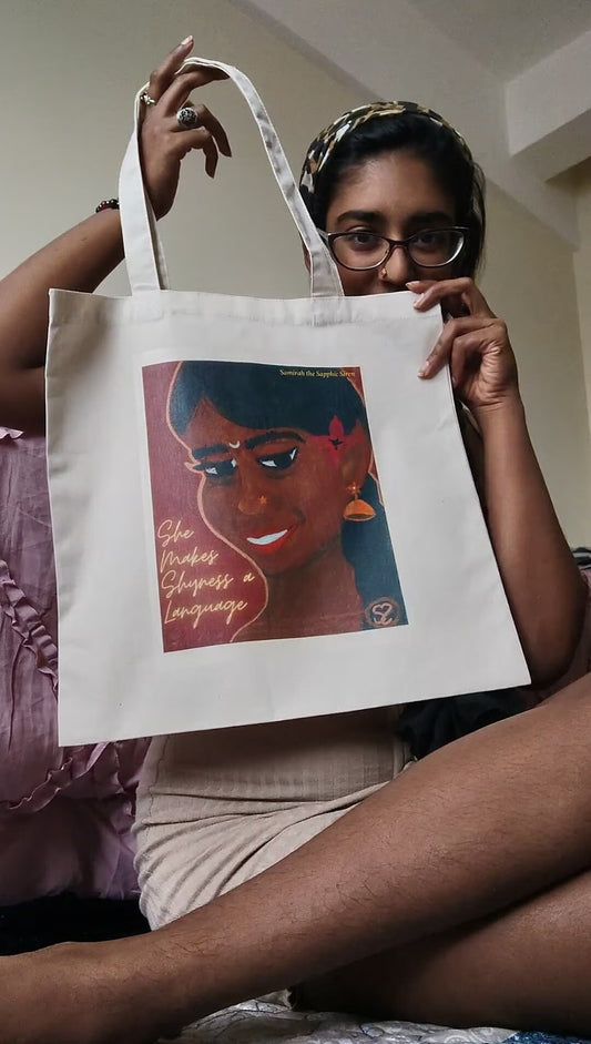 "She Makes Shyness a Language" Tote Bag of Original Art, Hand Printed: Brown Skinned Autistic Tamil Woman